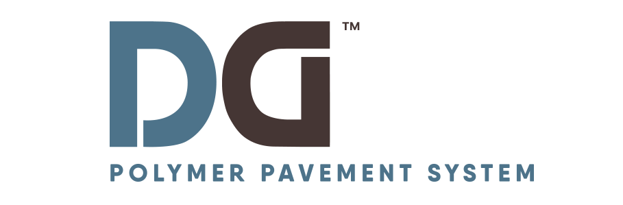 Logo displaying stylized letters "DG" in blue and brown, with the text "Polymer Pavement System" underneath, highlighting its dust control benefits.
